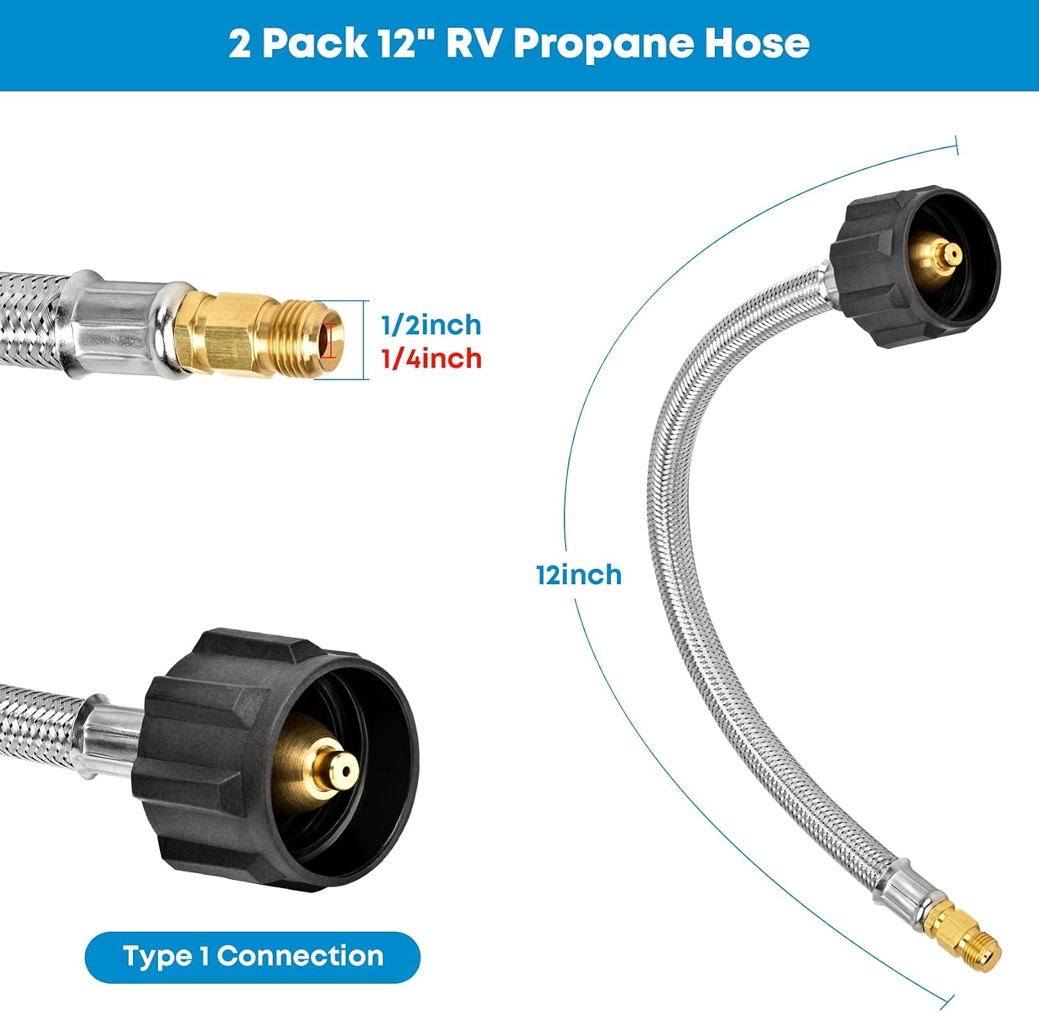 Stanbroil 2PCS 12" RV Stainless Steel Braided Propane Pigtail Hose