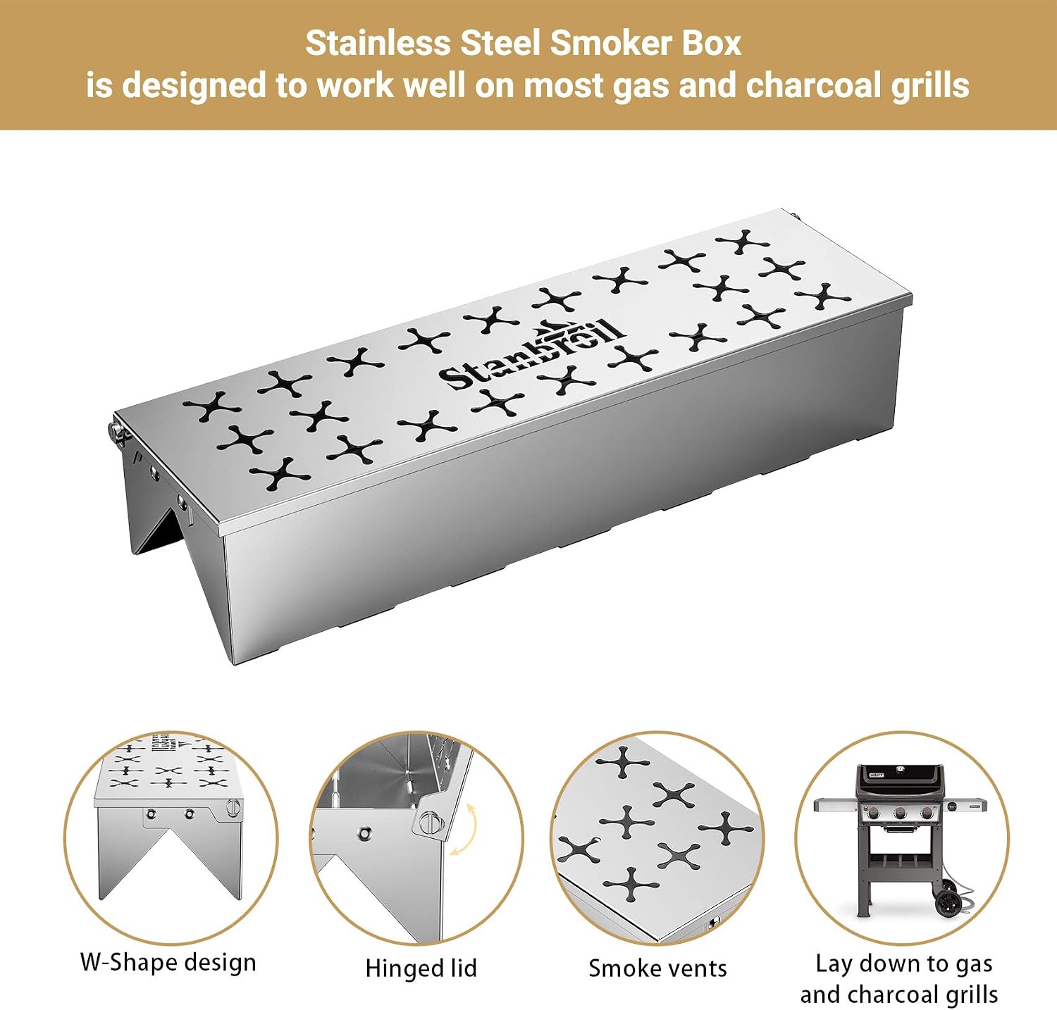 Stanbroil Stainless Steel Smoker Box Gas Grilling Wood Chip Smoking Box