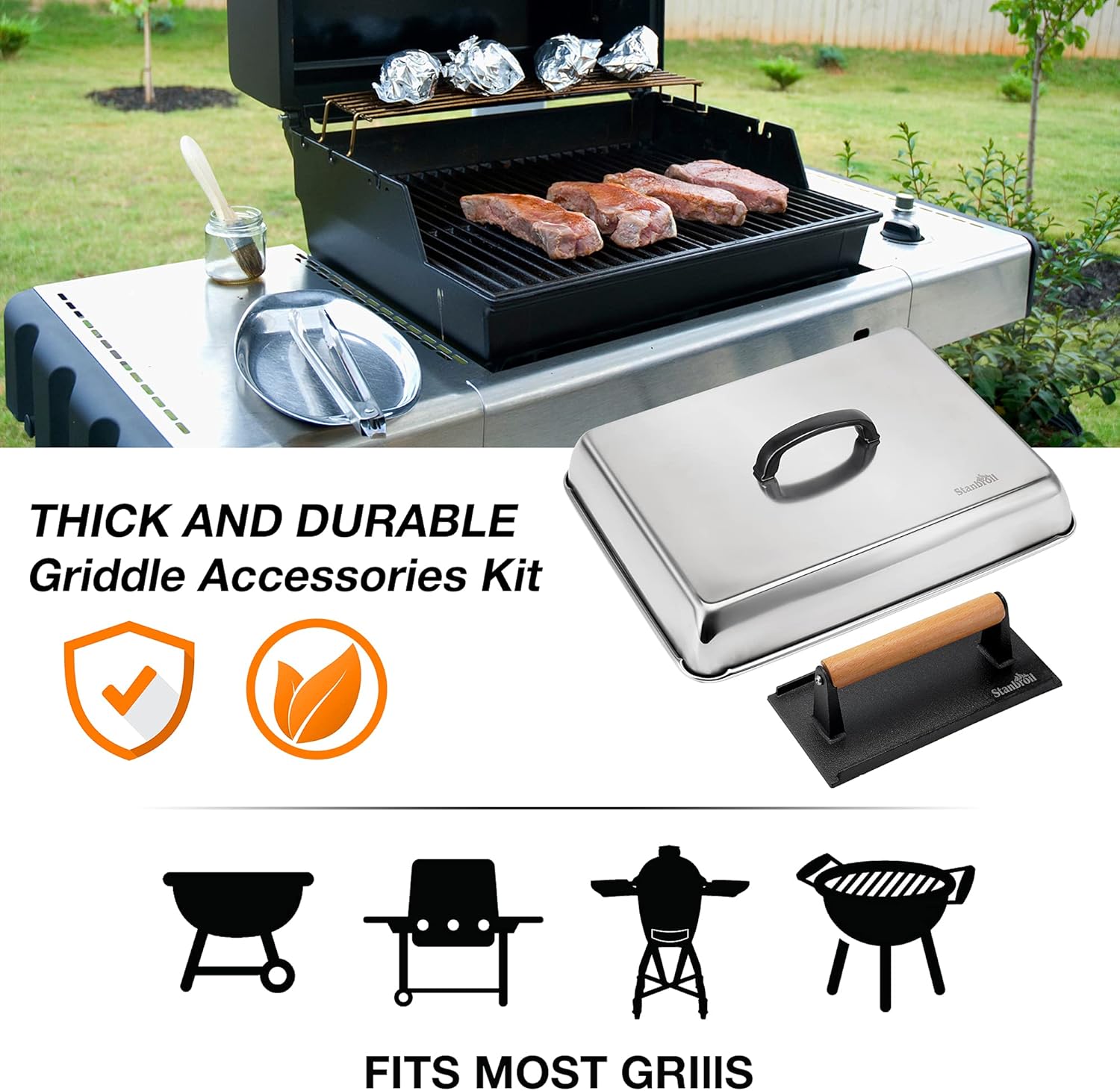 Stanbroil Melting Dome & Grill Press Kit Stainless Steel Basting Cover