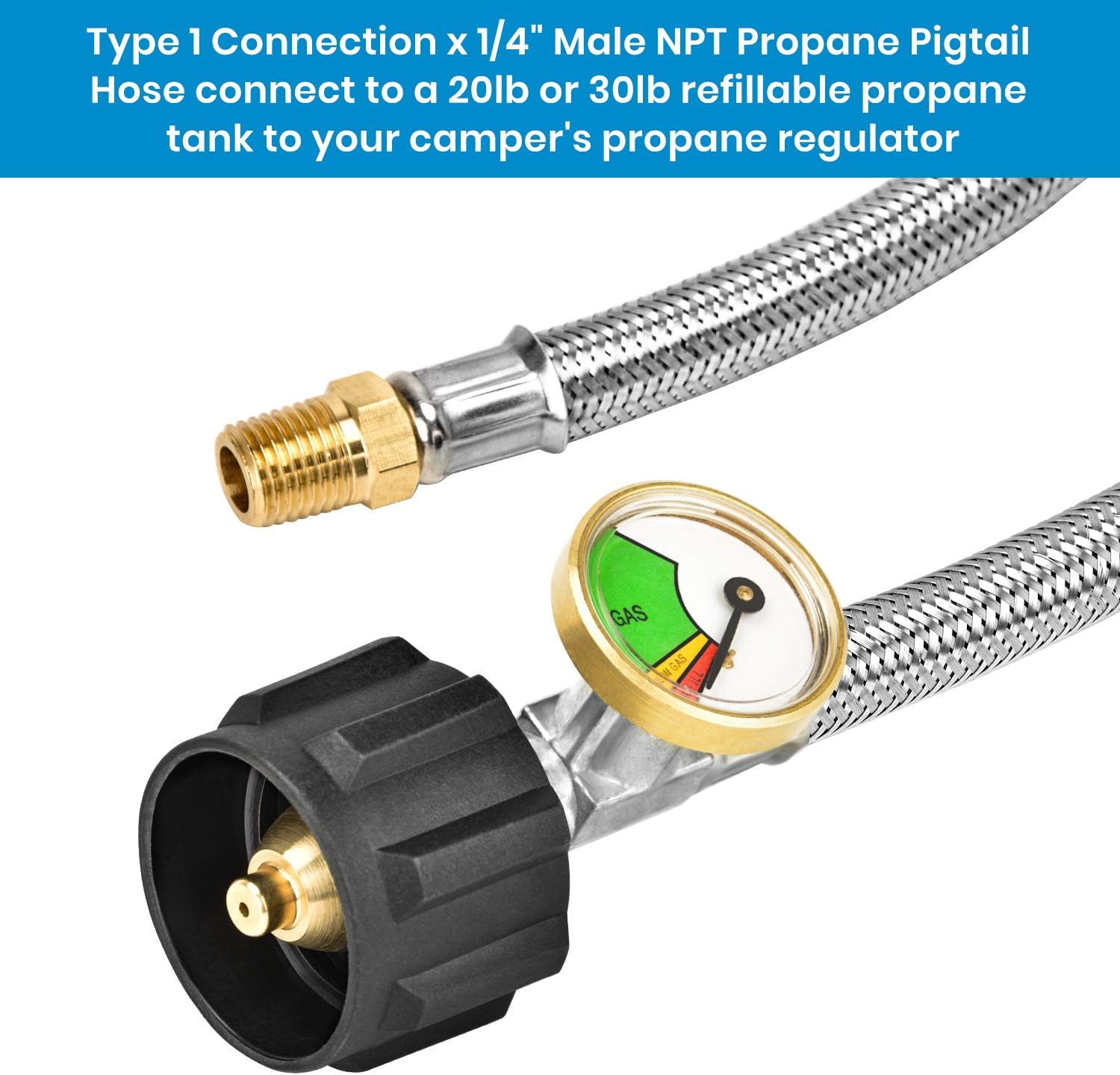Stanbroil 12" RV Propane Pigtail Stainless Steel Braided Hose with Gauge