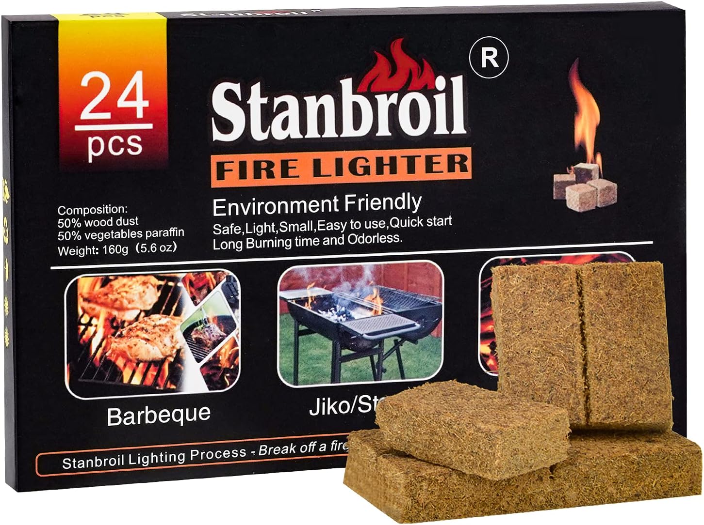 Stanbroil 24 pcs Natural Charcoal Fire Starters Super Fast Lighting