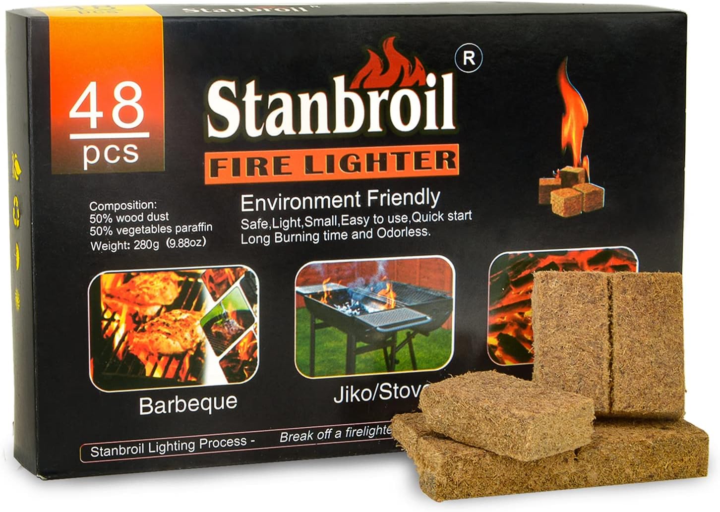Stanbroil 48 pcs Natural Charcoal Fire Starters Super Fast Lighting