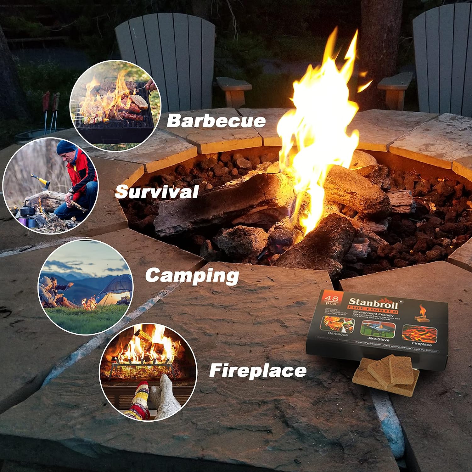 Stanbroil 48 pcs Natural Charcoal Fire Starters Super Fast Lighting