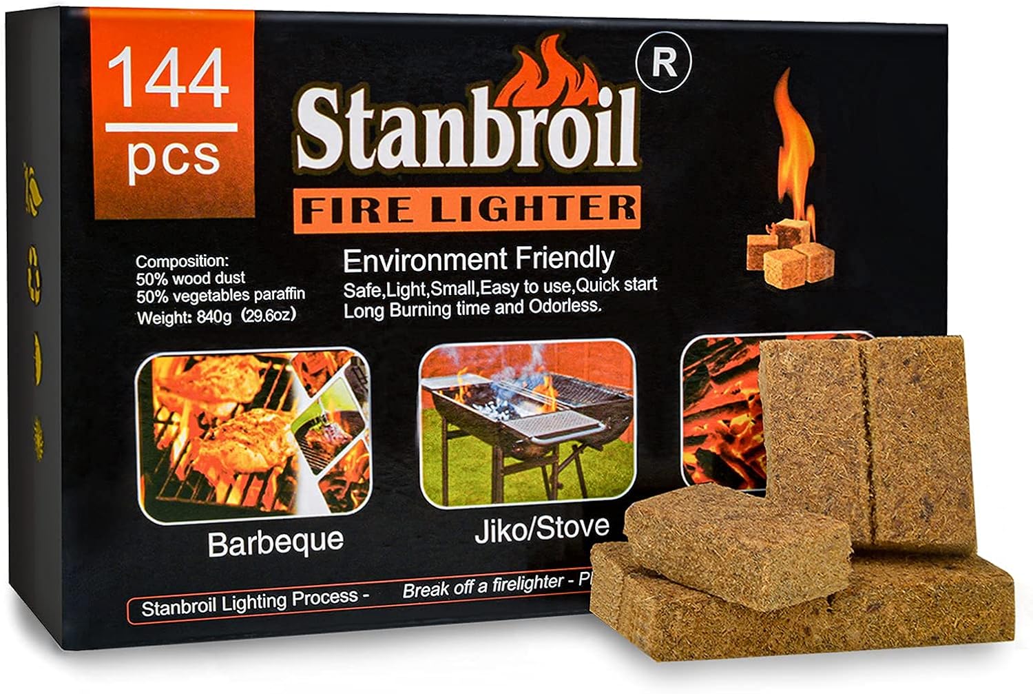 Stanbroil 144 pcs Natural Charcoal Fire Starters Super Fast Lighting