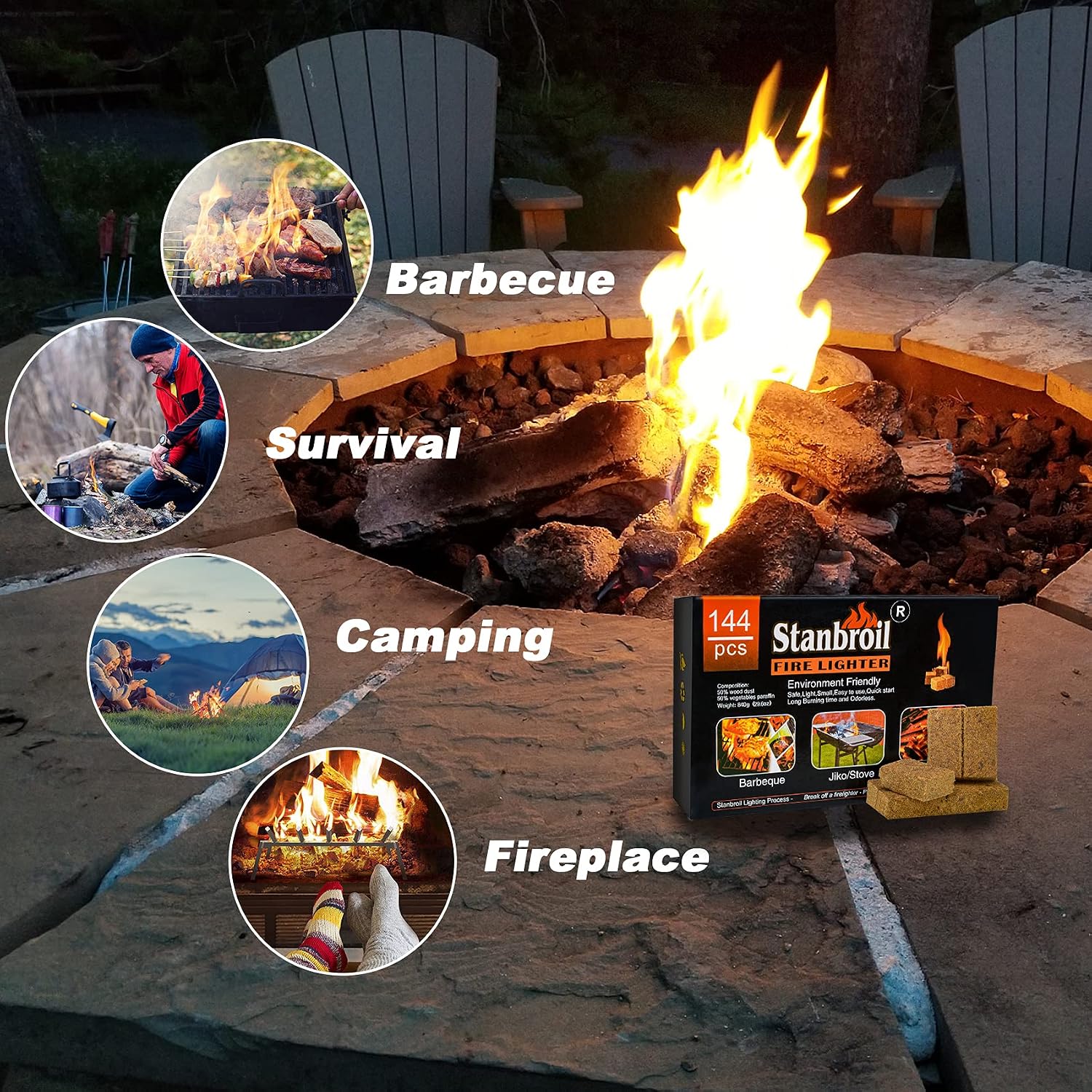 Stanbroil 144 pcs Natural Charcoal Fire Starters Super Fast Lighting