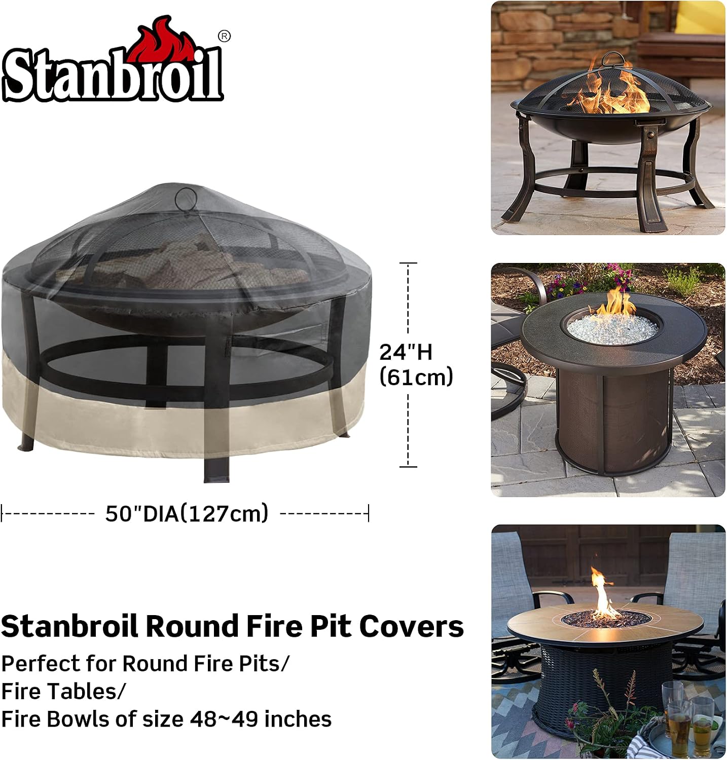 Stanbroil 50 Inch Round Fire Pit Cover, Waterproof Outdoor Furniture Cover