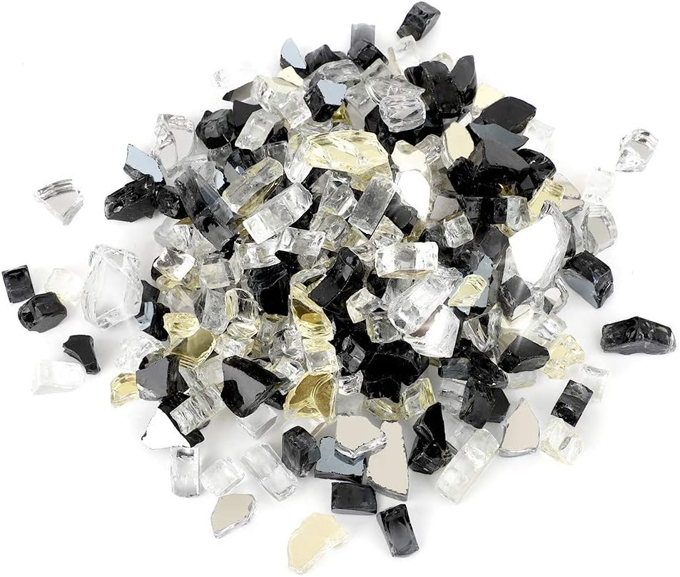 Stanbroil 12 inch Reflective Tempered Glass, Mix Color Stones for Fire Pit Onyx Black, Platinum, Gold